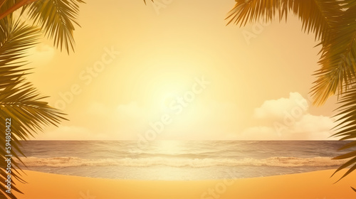Background summer with leaf shadow for product presentation. Illustration of nature of tropical golden beach with rays of sun light and leaf palm. 3D realistic illustration. Creative AI © Vagner Castro