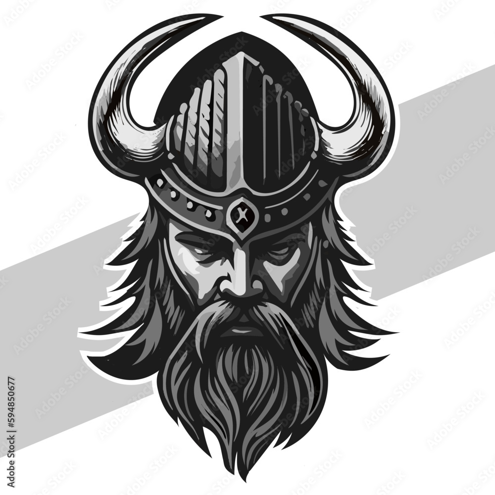 Vecteur Stock Black and white viking head with shield and axe vector