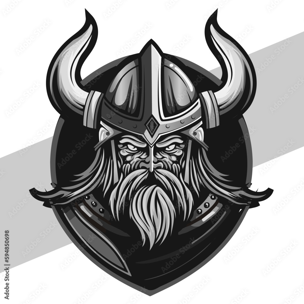 Black and white viking head with shield and axe vector emblem tattoo