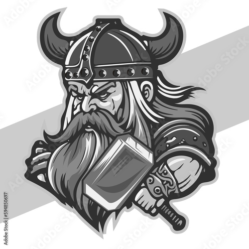Black and white viking head with shield and axe vector emblem tattoo and t shirt design black and white hand drawn viking engraving ornament