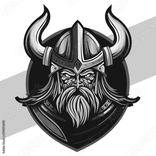 Black and white viking head with shield and axe vector emblem tattoo and t shirt design black and white hand drawn viking engraving ornament