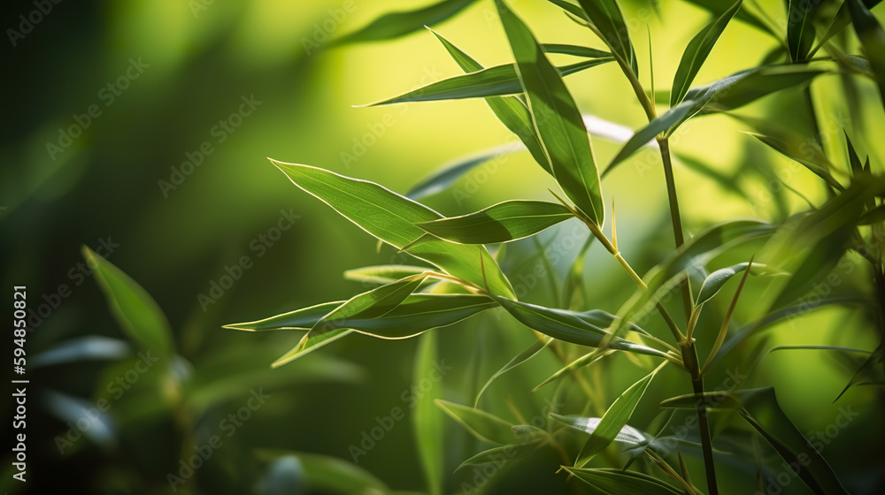 Obraz premium Beautiful green bamboo leaves. Bamboo green leaves. Green and yellow bamboo leaves background in the nature. 3D realistic illustration. Creative AI