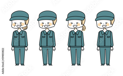 作業服を着て笑顔の老若男女のイラスト