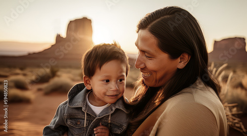 Fotografia Young Native American father and son in the desert by generative AI