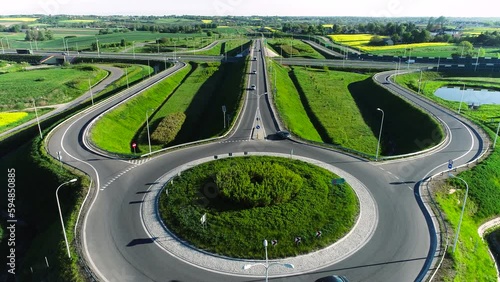 Nowoczesna Infrastruktura Drogowa w Polskim Krajobrazie: Wschód Słońca nad Rondem, Wiaduktem i Estakadami - Ujęcia z Drona photo