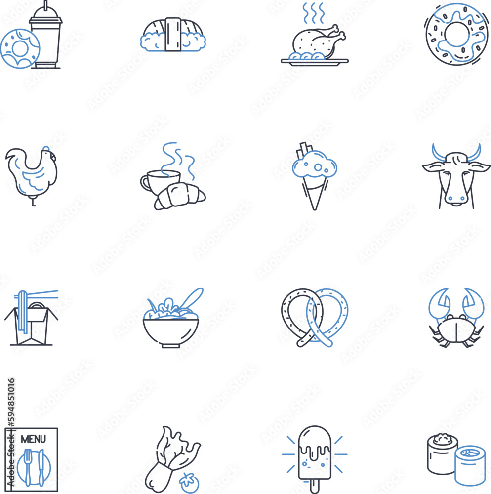 Comestibles line icons collection. Food, Cuisine, Nourishment, Edibles, Provisions, Delicacies, Gastronomy vector and linear illustration. Fare,Groceries,Consumables outline signs set