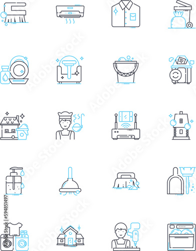 Tidying linear icons set. Cleanliness, Organization, Neatness, Order, Declutter, Sweep, Scrub line vector and concept signs. Purge,Sort,Arrange outline illustrations
