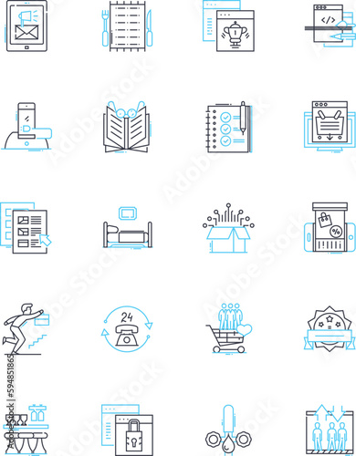 Customer support linear icons set. Empathy, Resolution, Patience, Communication, Helpfulness, Availability, Responsiveness line vector and concept signs. Satisfaction,Feedback,Quality outline