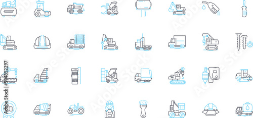 Agricultural equipment linear icons set. Tractor, Harvester, Seeder, Planter, Plow, Cultivator, Irrigator line vector and concept signs. Sprayer,Mower,Grain cart outline illustrations