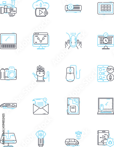 Digital media linear icons set. Broadcasting, Streaming, Interactivity, Content, Video, Audio, Graphics line vector and concept signs. Animation,Design,Viral outline illustrations