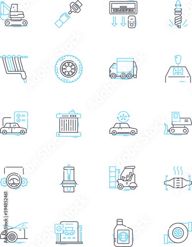 Vehicle linear icons set. Acceleration, Aerodynamics, Agility, Alternator, Axles, Battery, Brakes line vector and concept signs. Carburator,Chassis,Clutch outline illustrations