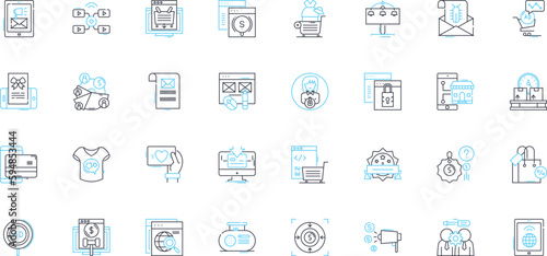 Merchandise market linear icons set. Kiosks, Souvenirs, Gifts, Vendors, Booths, Crafts, Memorabilia line vector and concept signs. Merchants,Artifacts,Trinkets outline illustrations Generative AI