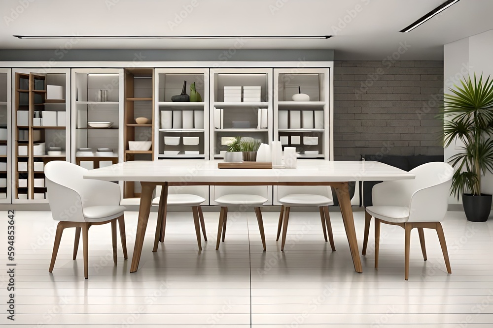Luxury white dining room interior with white marble table and chairs Luxury white dining room interior with white marble table and chairs