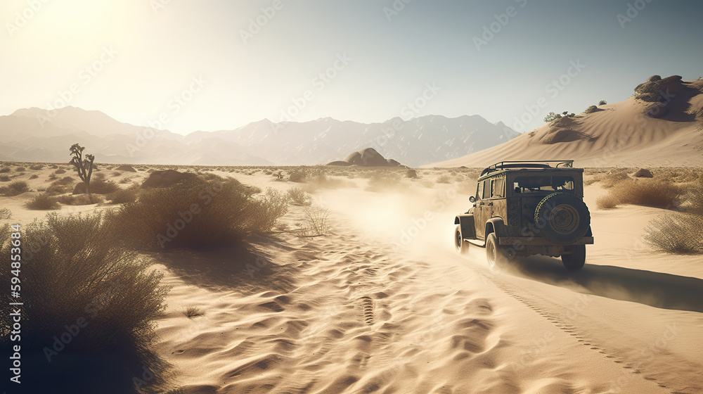 Car traveling through the desert dusty road under the sun. Sand dunes in the desert. Jeep trail on the white sand dunes. 3D realistic illustration. Creative AI - obrazy, fototapety, plakaty 