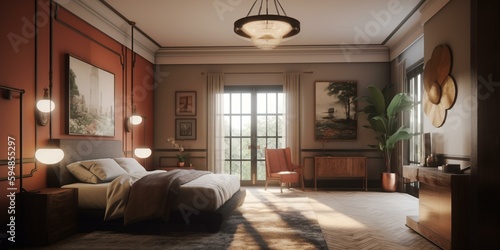 A cozy Art Deco-inspired bedroom with warm tones of wood and soft textures, accentuated by a statement lighting fixture and eclectic decor pieces, generative ai