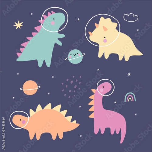 Cute Cartoon Little Dinosaur in space - vector illustration in flat style