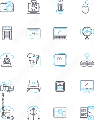 Computer parts linear icons set. Motherboard, Processor, Graphics card, RAM, Hard drive, SSD, Power supply line vector and concept signs. Fans,Cooling,Ethernet outline illustrations Generative AI