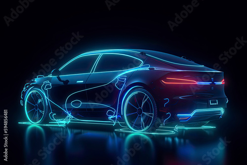 Electric car charging on the station, vector illustration. Blue neon glowing EV © rufous