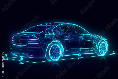 Electric car charging on the station  vector illustration. Blue neon glowing EV