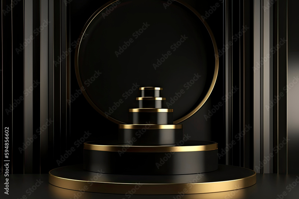 abstract black gold background with empty stage and folded fans. Cylinder podium