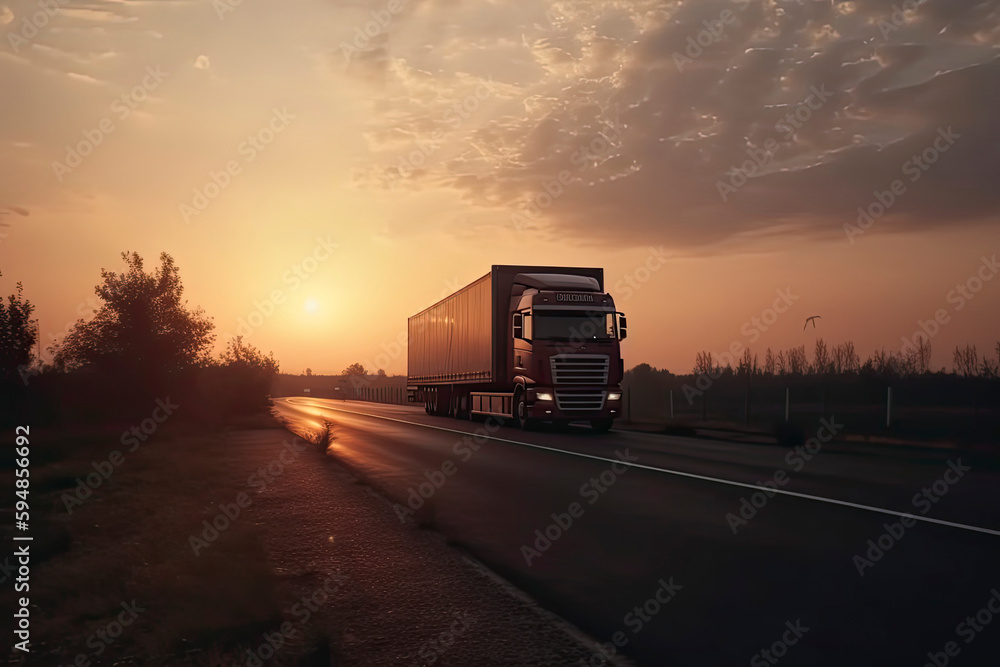 Semi Truck Driving on The Road at Sunset Sky. Industry Road Freight Trucks. Lorry Tractor