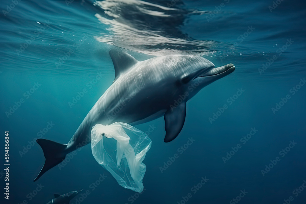 Fototapeta premium A dolphin trapped in a plastic bag in the ocean. Environmental Protection