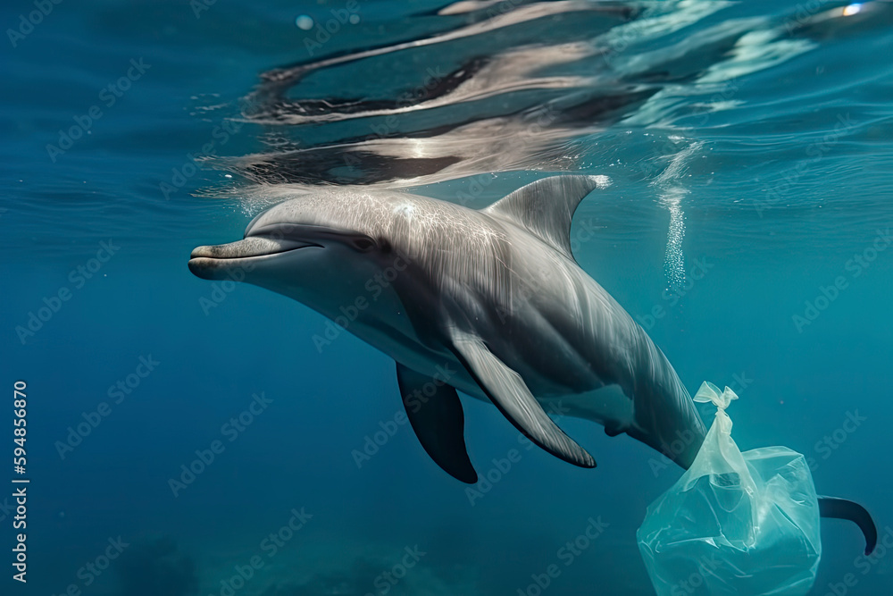 Fototapeta premium A dolphin trapped in a plastic bag in the ocean. Environmental Protection