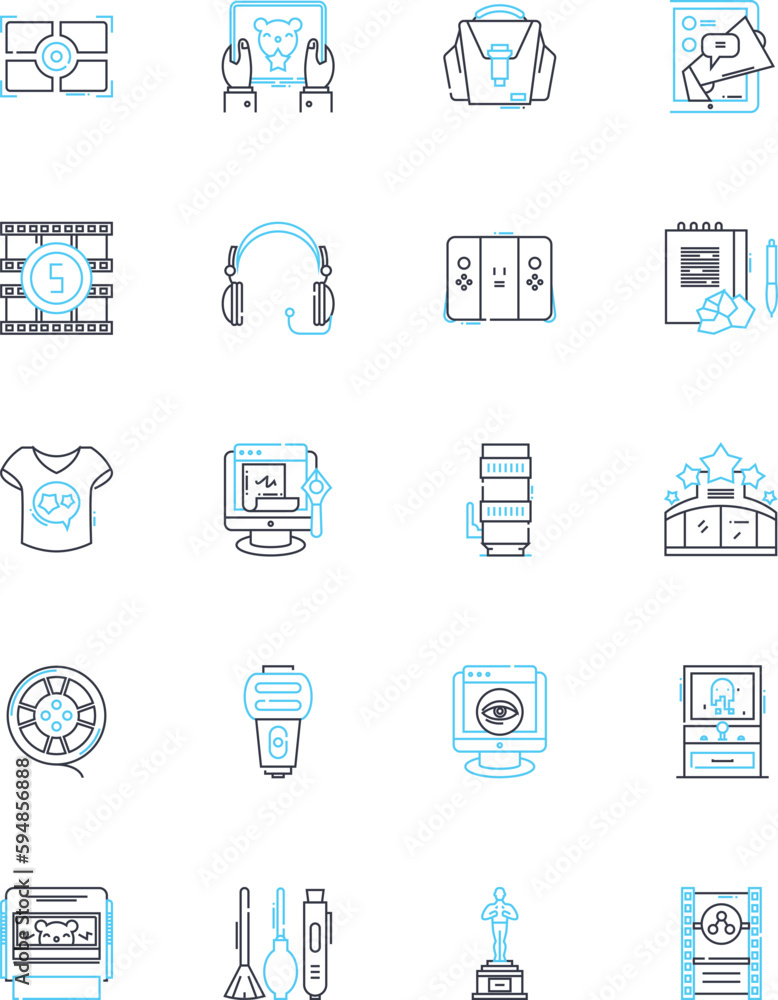Film camera linear icons set. Analog, Vintage, Classic, Chemical, Exposure, Aperture, Shutter line vector and concept signs. Focusing,Tripod,ISO outline illustrations Generative AI