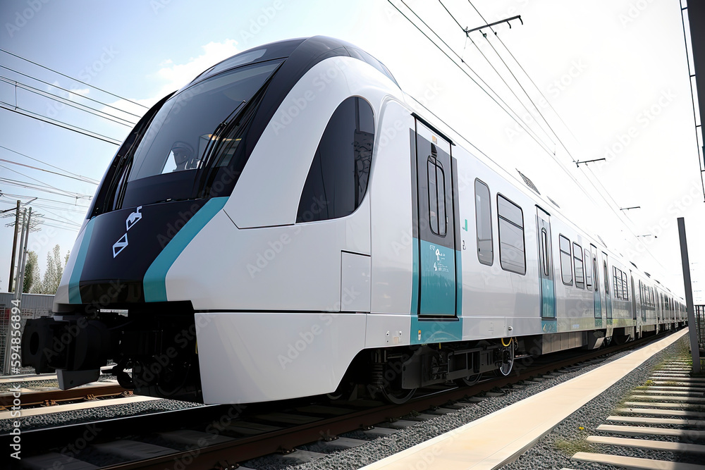 Fototapeta premium Futuristic blue train with wind turbines and solar panels