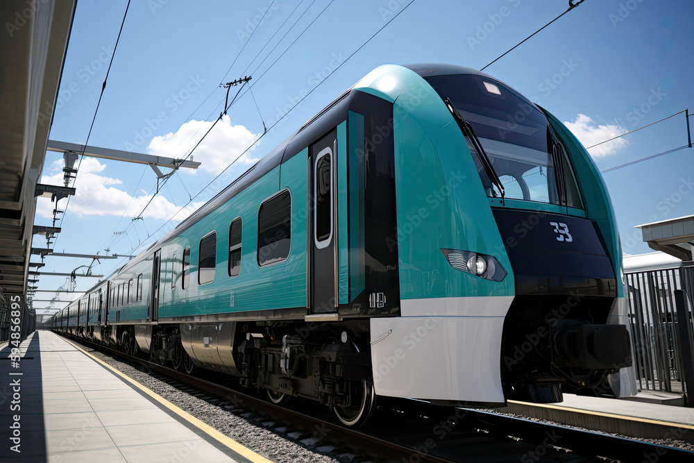 Fototapeta premium Futuristic blue train with wind turbines and solar panels