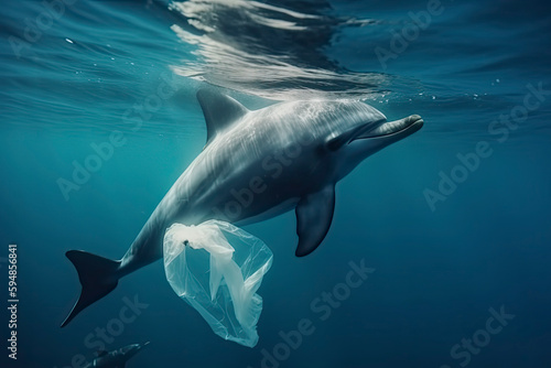 A dolphin trapped in a plastic bag in the ocean. Environmental Protection © rufous