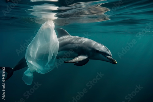 A dolphin trapped in a plastic bag in the ocean. Environmental Protection © rufous
