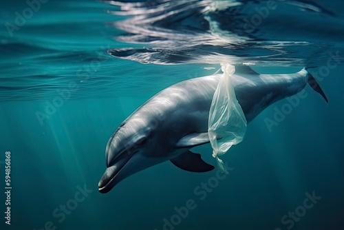 A dolphin trapped in a plastic bag in the ocean. Environmental Protection