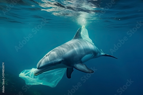 A dolphin trapped in a plastic bag in the ocean. Environmental Protection