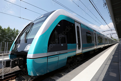 Futuristic blue train with wind turbines and solar panels