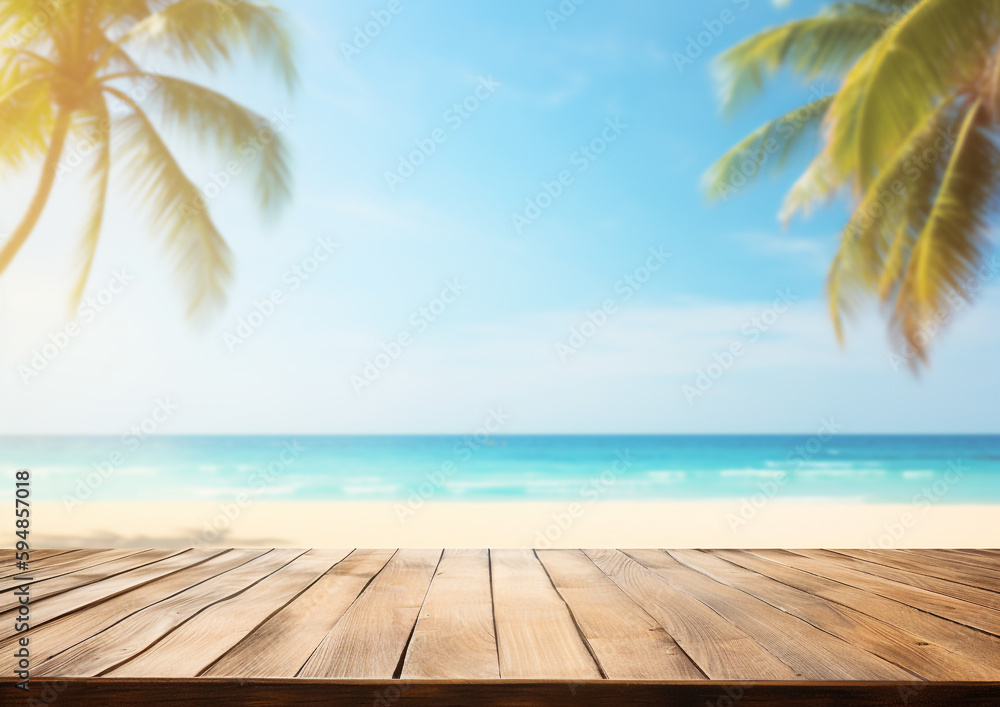A close-up of an empty wooden table over blurred sunny tropical empty beach background A close-up of an empty wooden table over blurred sunny tropical empty beach background