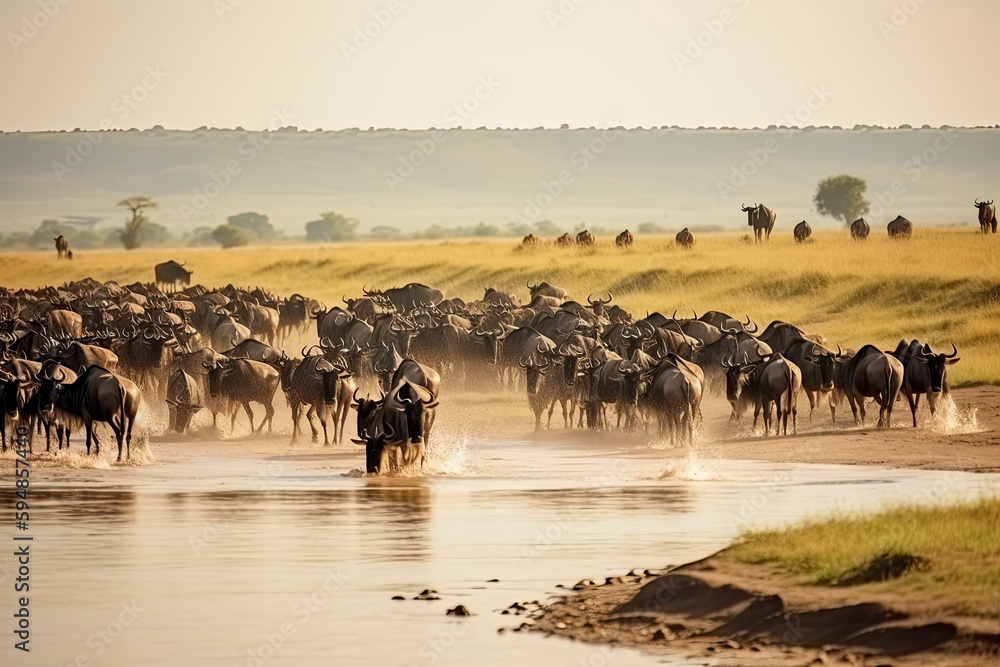 Big herd of wildebeest is about Mara River. Great Migration. Kenya - obrazy, fototapety, plakaty 