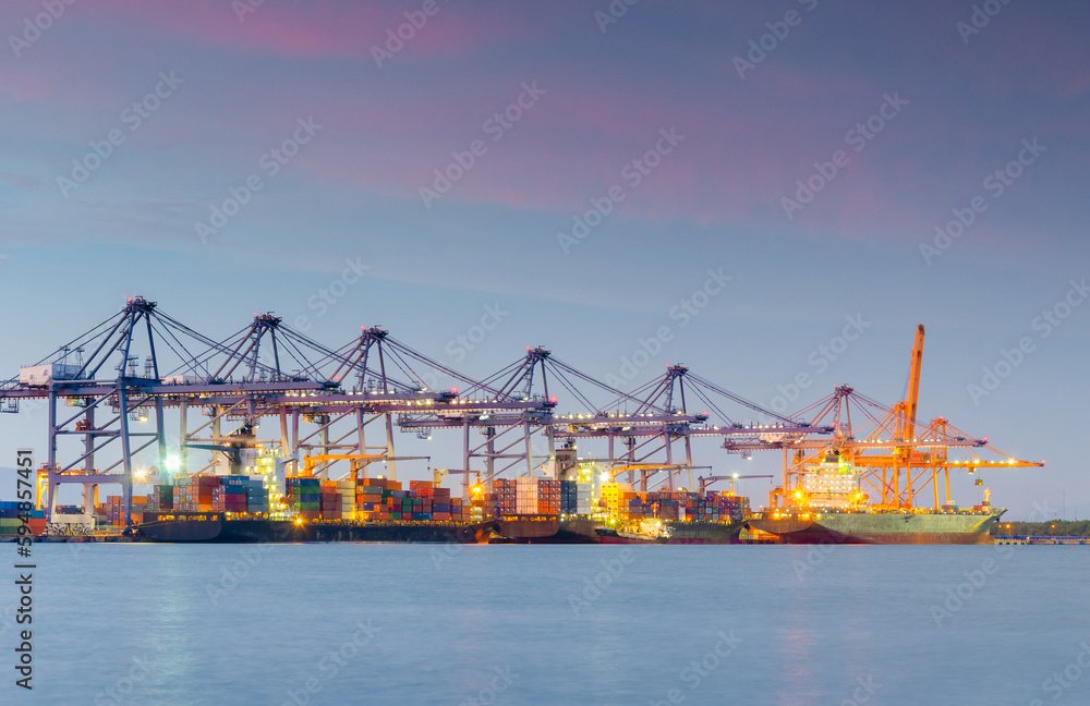 cargo port with a large ship and export and import