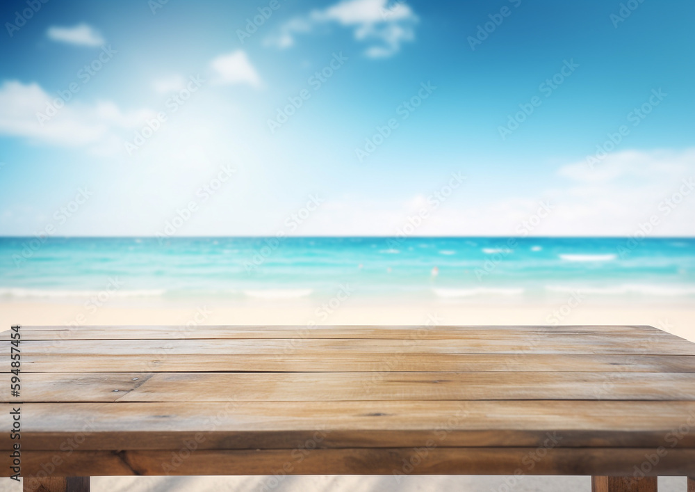 Fototapeta premium A close-up of an empty wooden table over blurred sunny tropical empty beach background
