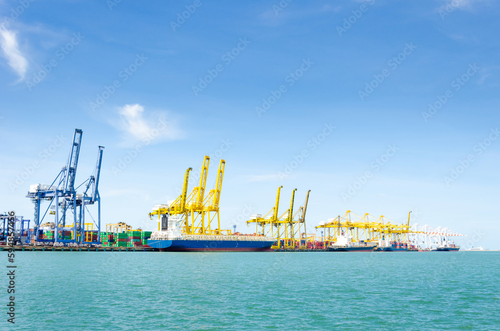 cargo port with a large ship and export and import
