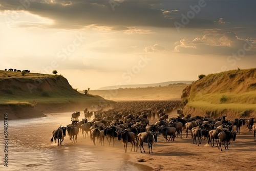 Big herd of wildebeest is about Mara River. Great Migration. Kenya photo
