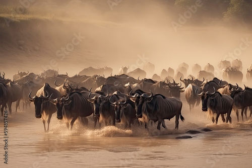 Big herd of wildebeest is about Mara River. Great Migration. Kenya © rufous