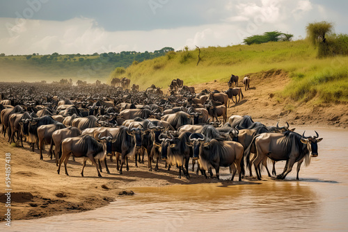 Big herd of wildebeest is about Mara River. Great Migration. Kenya © rufous