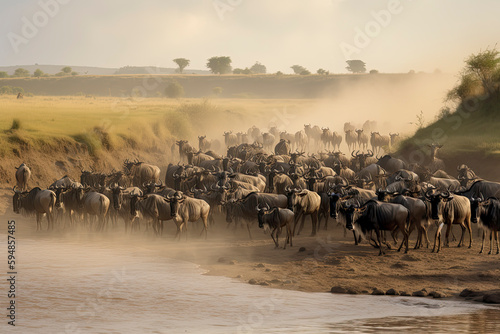Big herd of wildebeest is about Mara River. Great Migration. Kenya photo