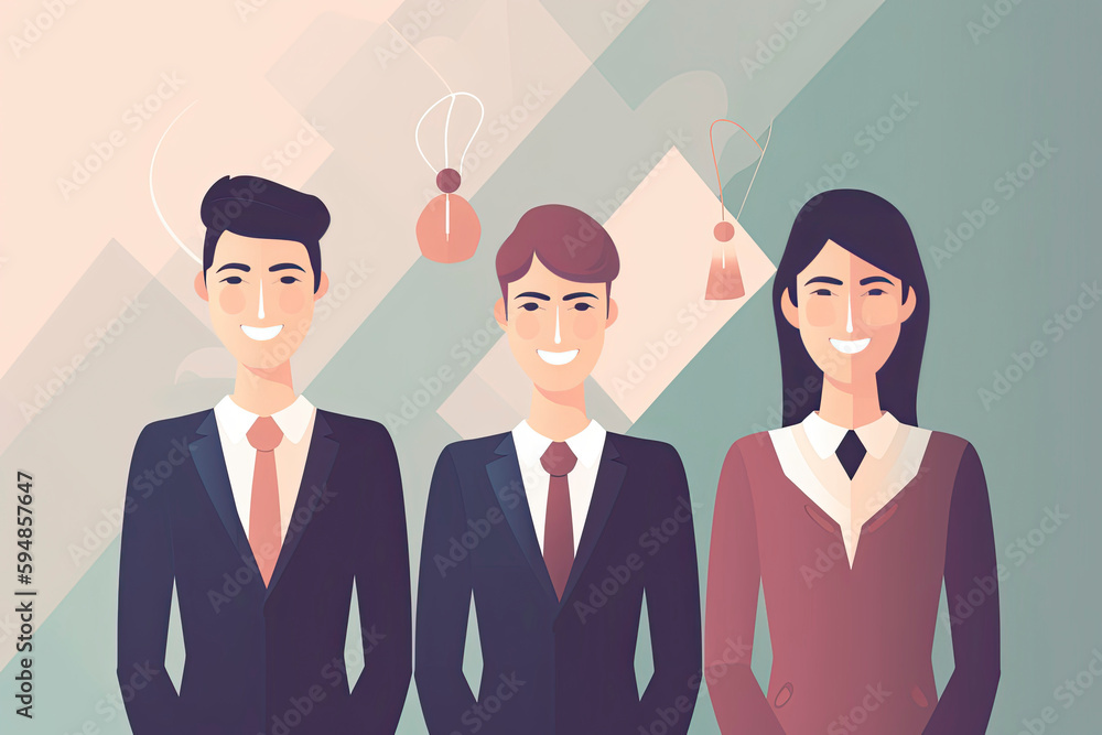 Business team members are standing with confident faces. Business icons are floating above their heads. flat design style vector illustration Business team members are standing with confident faces. Business icons are floating above their heads. flat design style vector illustration