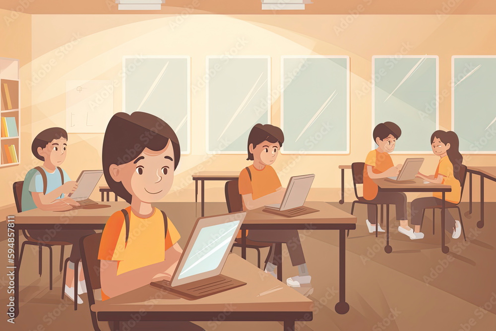Children with technology tablet and laptop computer in class teacher on background Children with technology tablet and laptop computer in class teacher on background