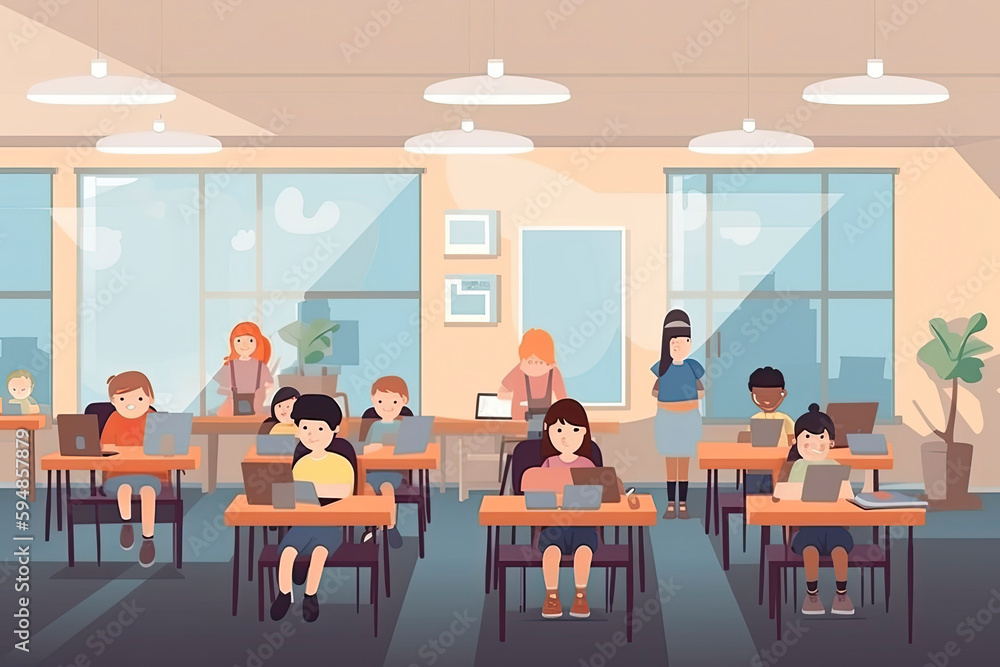 Children with technology tablet and laptop computer in class teacher on background Children with technology tablet and laptop computer in class teacher on background
