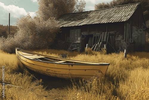 Obraz na plátně Rustic old yellow rowing boat pulled up on land by an old shed
