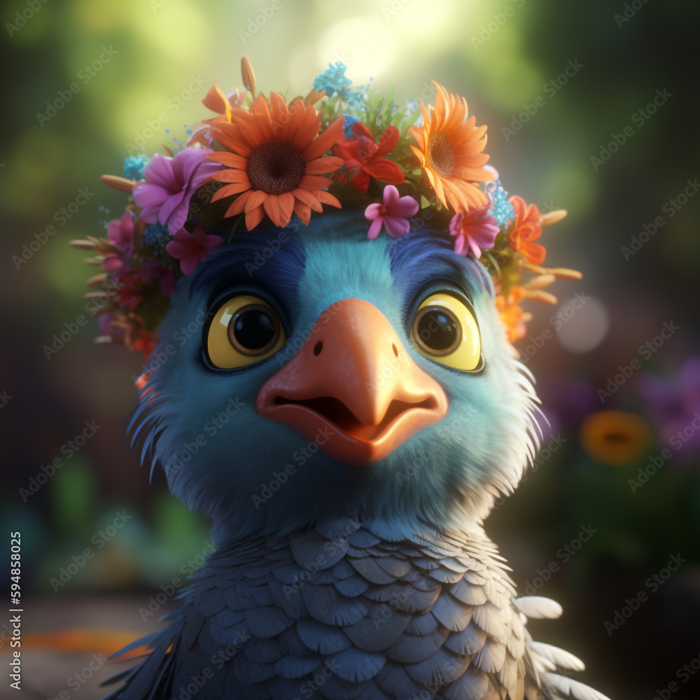 A blue bird with a flower crown on its head