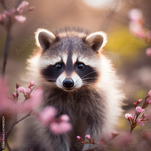 A raccoon is among the flowers in the foreground.